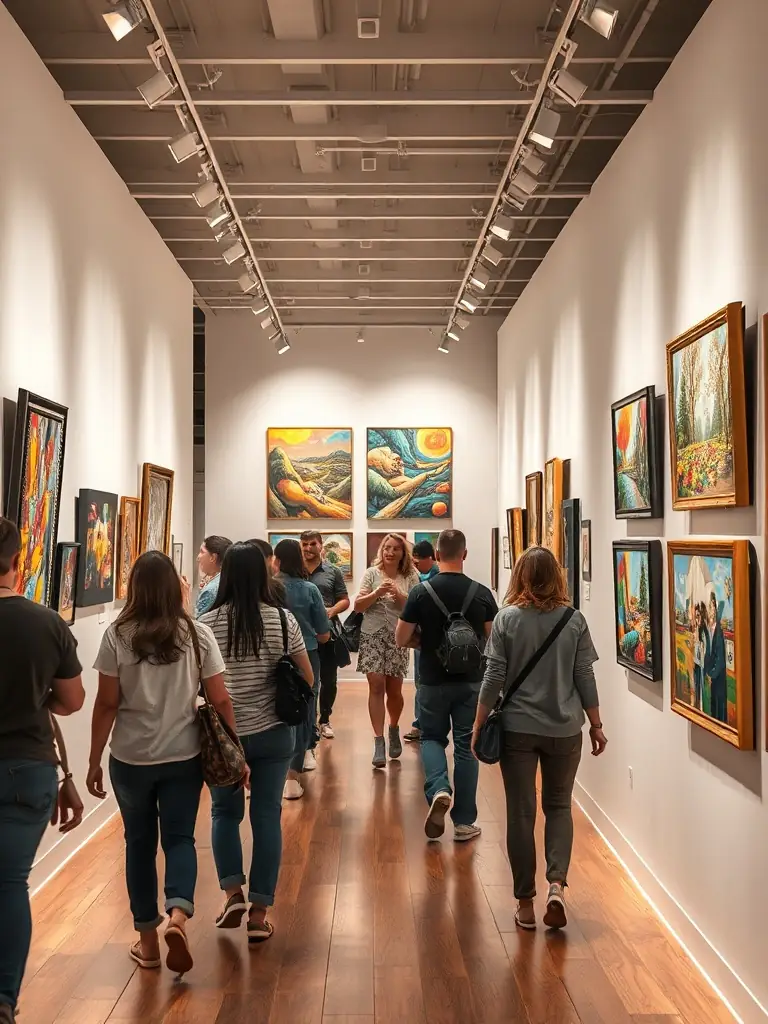 A photograph showcasing an exhibition of local artists' work at a gallery supported by ADM ADM, emphasizing the organization's role in promoting and supporting local talent.