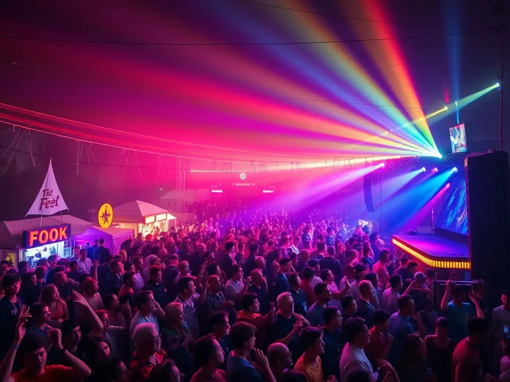 A vibrant outdoor festival scene with diverse attendees enjoying music, art installations, and food stalls, showcasing the lively atmosphere of ADM ADM's cultural events.
