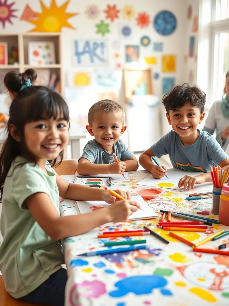 A photograph of children participating in an art workshop organized by ADM ADM, highlighting the organization's commitment to fostering creativity and artistic expression among young people.