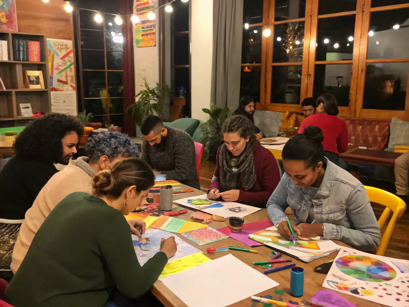 A group of people participating in an interactive art workshop, guided by a local artist, demonstrating ADM ADM's commitment to hands-on cultural engagement.