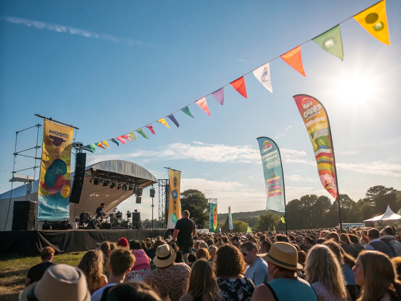 A vibrant outdoor festival scene with diverse cultural performances, showcasing ADM ADM's commitment to accessible cultural events.